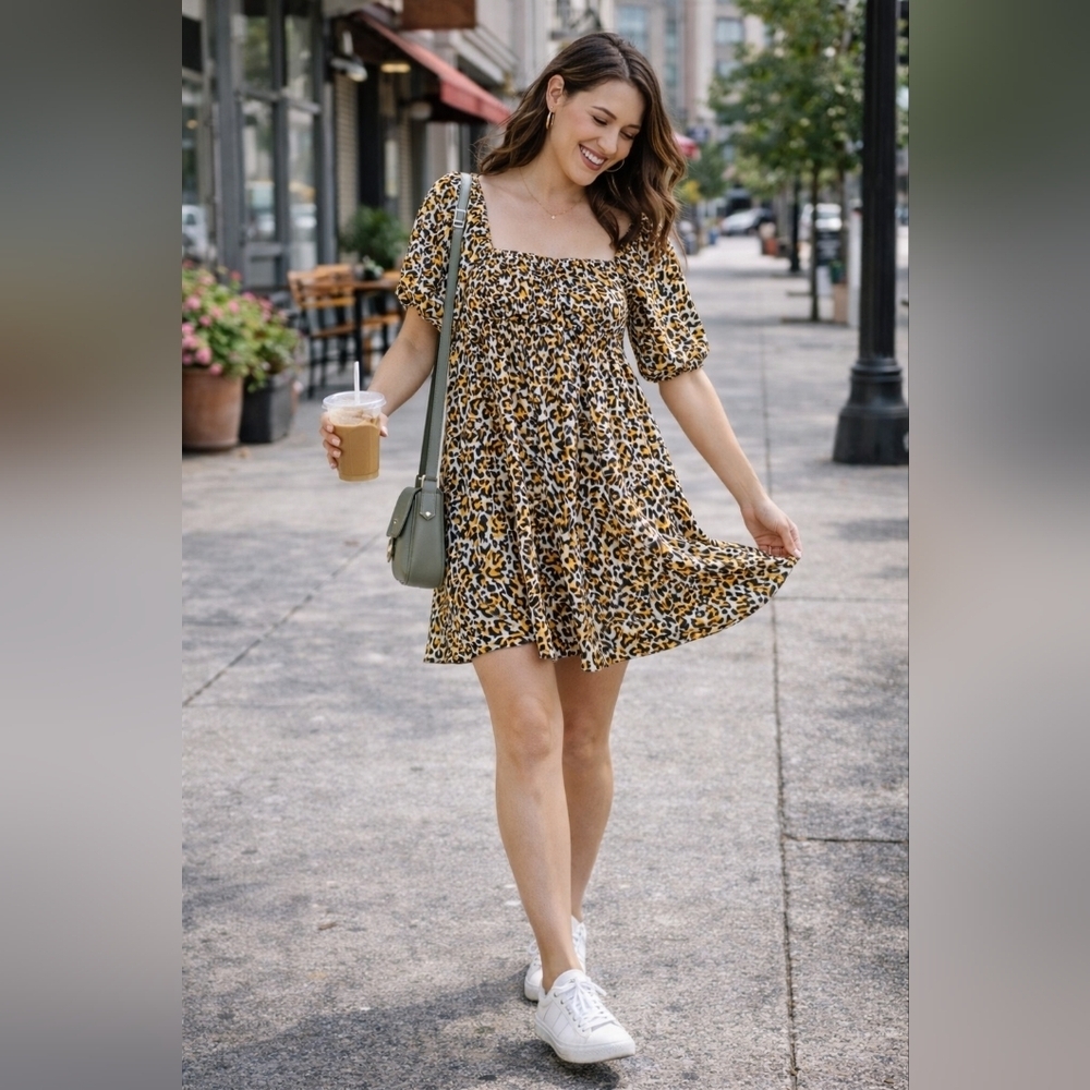NWT Buddy Love Leopard Print Puff Sleeve Dress Size Medium
